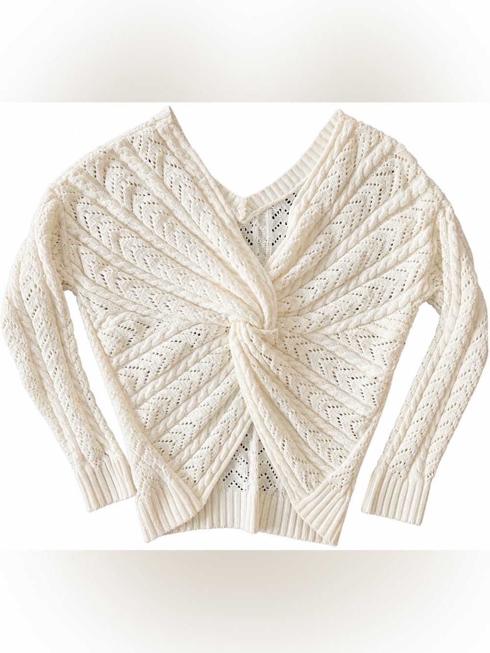 Knotted V-Neck Cable Knit Sweater in Cream - Women